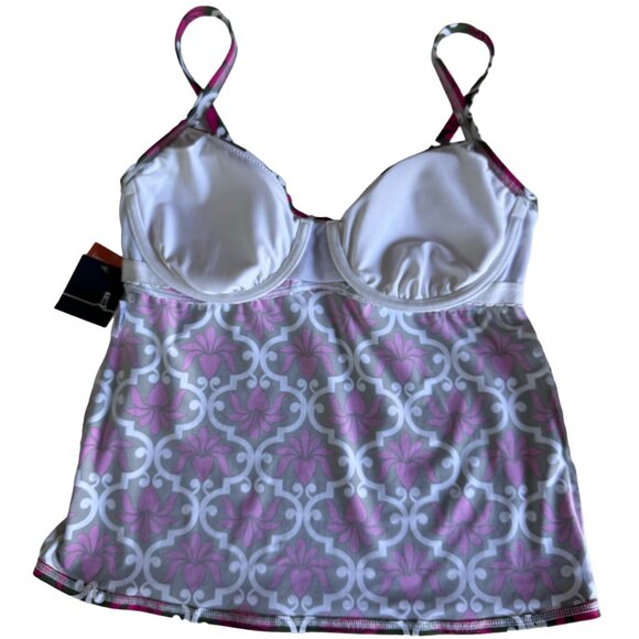 Lands End Floral Deco Tankini Top 10 Azalea Pink White Swirl Print Removable Cup - Picture 11 of 16